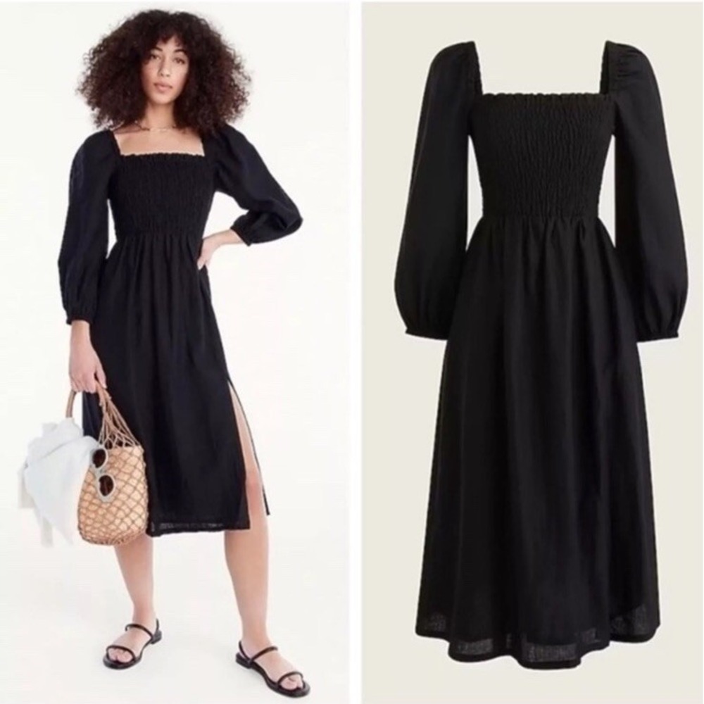 J.Crew Linen daydream Size MT Black Midi Dress Casual Business‎ Casual Milkmaid